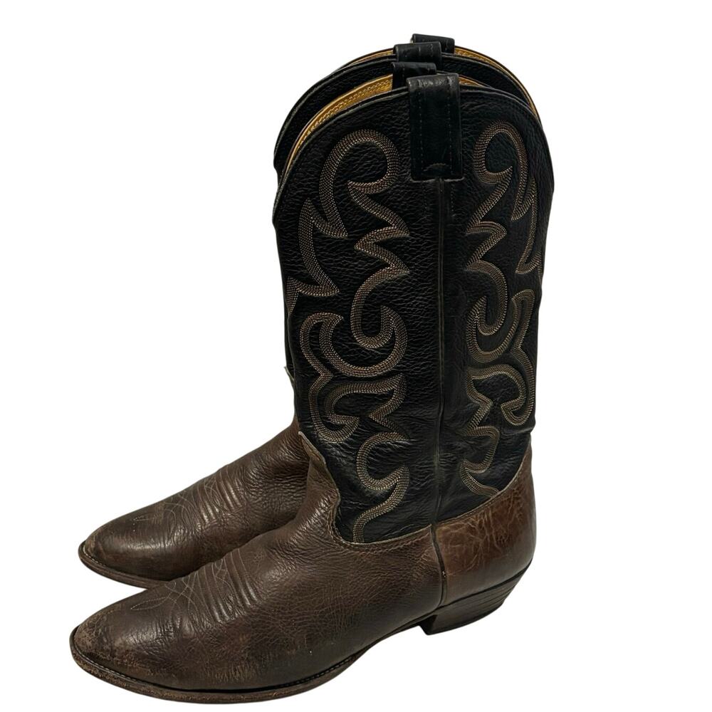 Vintage Nocona Cowboy Boots Men’s 11D USA Brown Black Leather Western Stitch